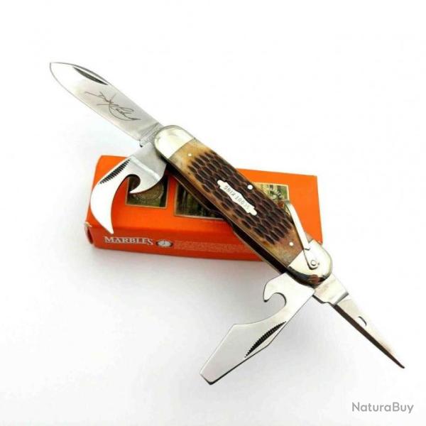 Couteau de Scout King Multi Fonctions Manche Os Lames Acier 440 Marbles MR468