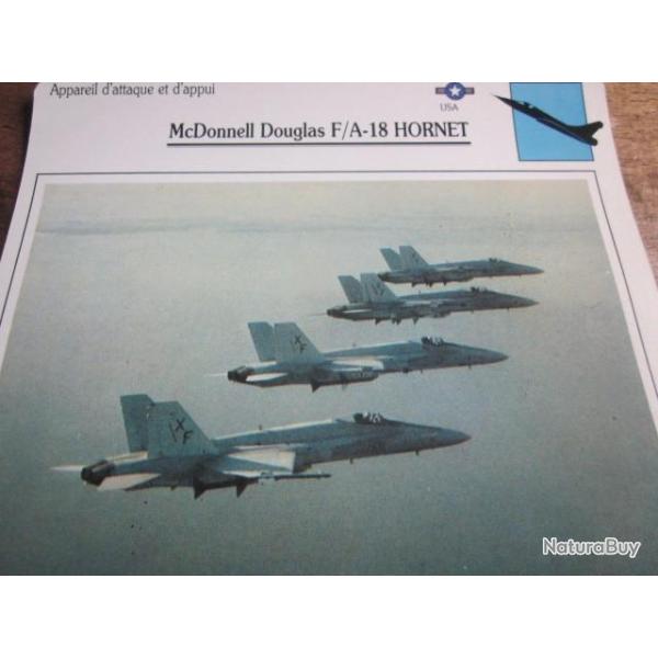 FICHE  AVIATION  TYPE APPAREIL D ATTAQUE ET D APPUI / Mc DONNELL DOUGLAS F/A 18 HORNET  USA