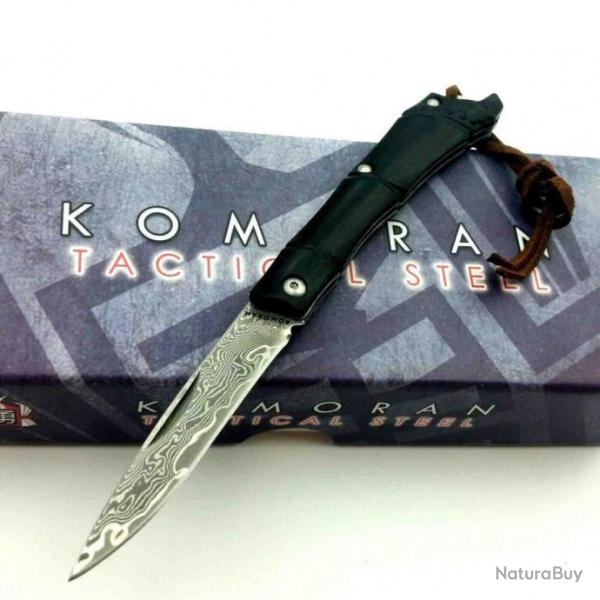 Couteau Damas Pliant Manche Synth�tic Bomboo Lame Acier Damas 128 Couches Komoran KO034