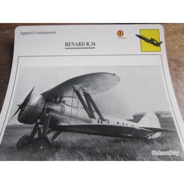 FICHE  AVIATION  TYPE  APPAREIL  D ENTRAINEMENT   /  RENARD R 34  BELGIQUE