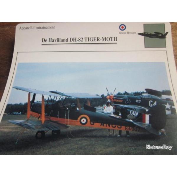 FICHE  AVIATION  TYPE  APPAREIL  D ENTRAINEMENT   /  DE HAVILLAND DH 82 TIGER MOTH  G BRETAGNE