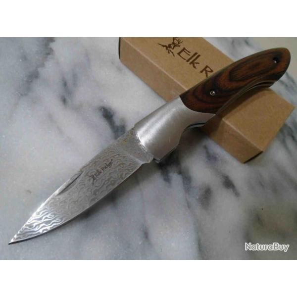 Couteau Damas Elk Ridge Pakkawood Lame 128 Couches Manche Bois Slip Joint ER968PW