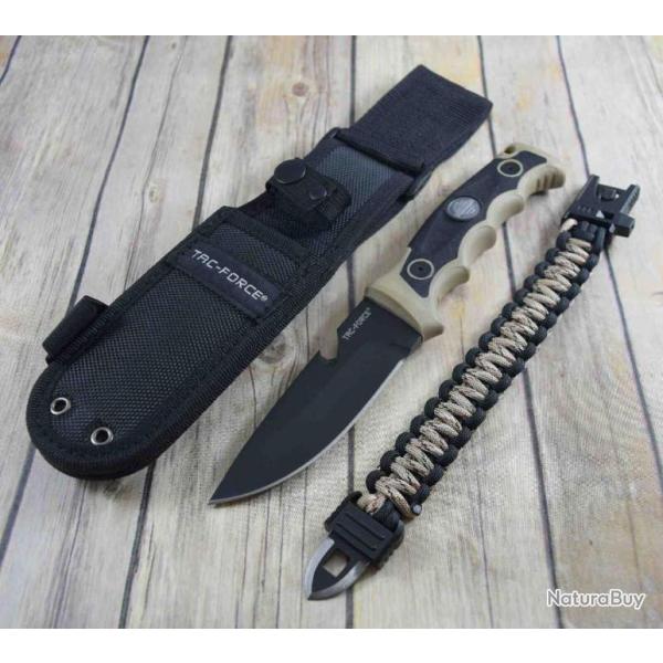 Couteau Tac Force Tactical Manche Tan Lame Acier 3Cr13 Etui Nylon Bracelet Paracorde TFFIX005TN