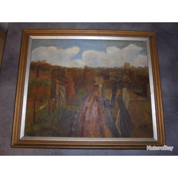 ANCIEN TABLEAU PAYSAGE CHEMIN DE CAMPAGNE CHARRETTE SIGN� DAT� 1944 50cm x 42cm