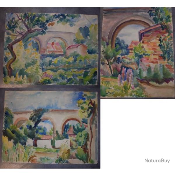 VINTAGE ANCIEN LOT 3 GRANDE PEINTURE AQUARELLE PAYSAGE PONT DLG ANDR WILDER