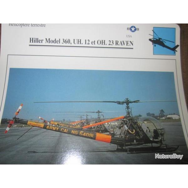 FICHE  AVIATION  TYPE APPAREIL HELICOPTERE TERRESTRE /  HILLER MODEL 360  UH 12 OH 23 RAVEN   USA