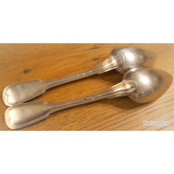 2 SUPERBES GROSSES CUILLERES ANCIENNES EN  PLAQUE ARGENT JE PENSE AVEC BEAUX POINCONS DIVERS