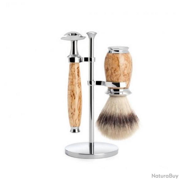 Set de rasage "Purist" 3 pi�ces, Manche bouleau madr�, Poils fibre synth�tique argent�e [M�hle]