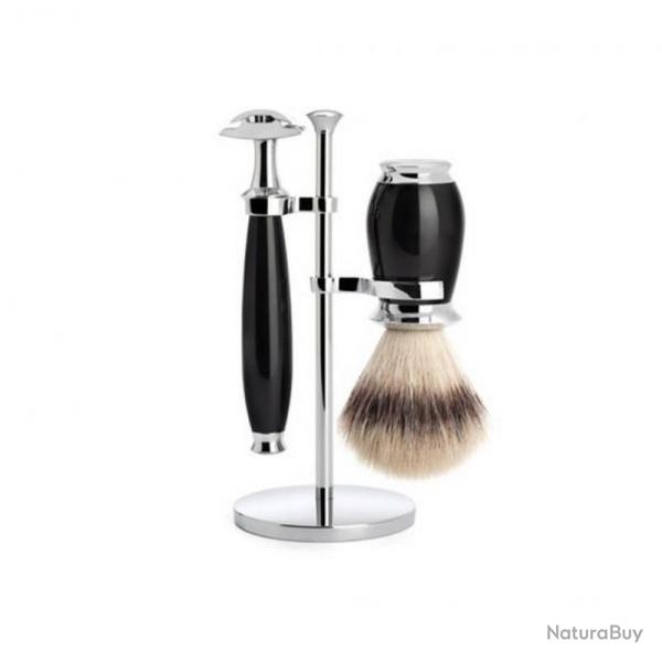 Set de rasage "Purist" 3 pi�ces, Manche r�sine noire, Poils pur argent� [M�hle]