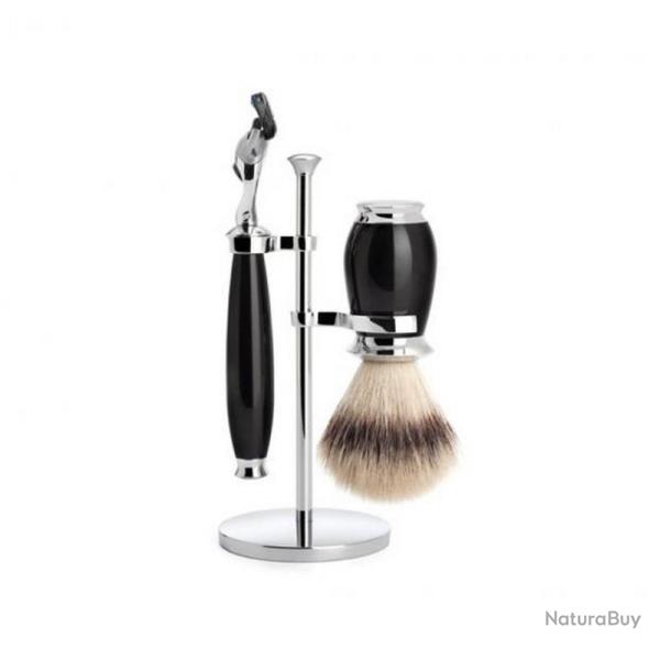 Set de rasage Fusion "Purist" 3 pi�ces, Manche r�sine noire, Poils fibre synth�tique argent�e [M�hle