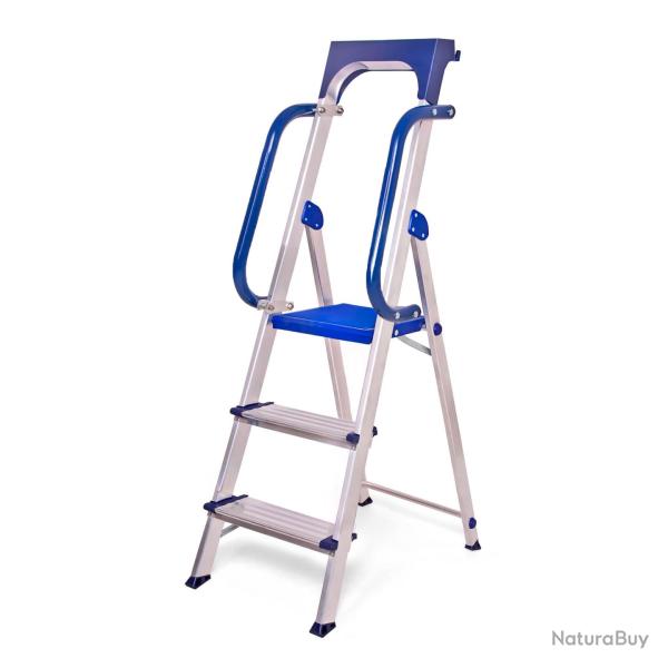 Escabeau 3 marches Secure pro, aluminium renforc�, s�curis� avec rampes, tablette porte-outils, haut