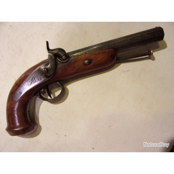 BEAU PISTOLET DE VOYAGE A CHIEN EXTERIEUR ET CANON DAMAS