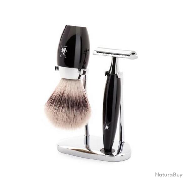 Set de rasage "Kosmo" 3 pi�ces, Manche r�sine noire, Poils fibre synth�tique argent�e [M�hle]