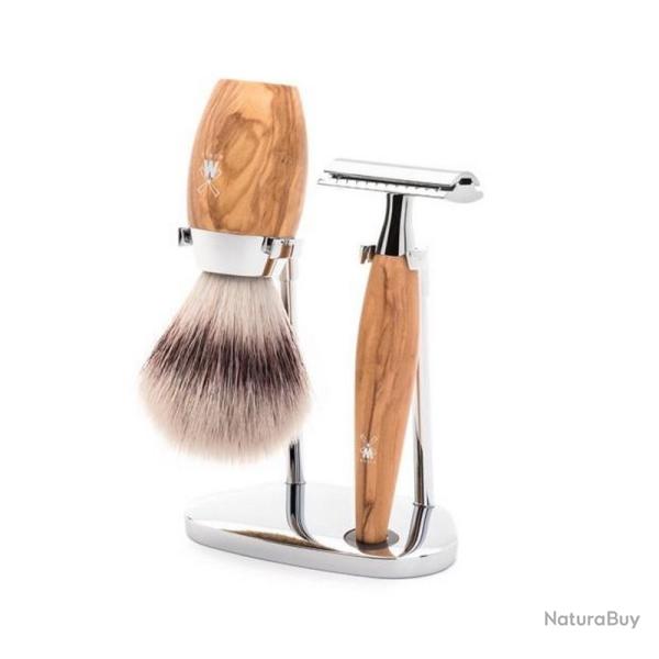Set de rasage "Kosmo" 3 pices, Manche olivier, Poils fibre synthtique argente [Mhle]