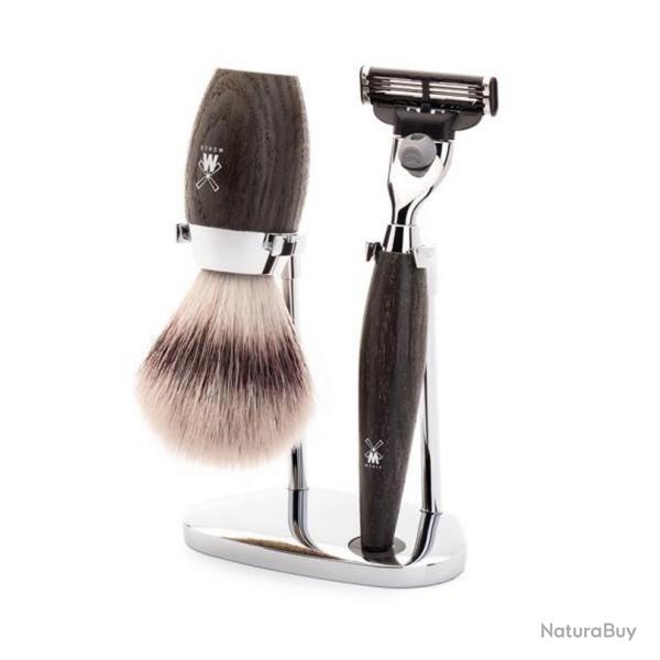 Set de rasage Mach3� "Kosmo" 3 pi�ces, Manche ch�ne fossilis�, Poils pur gris [M�hle]