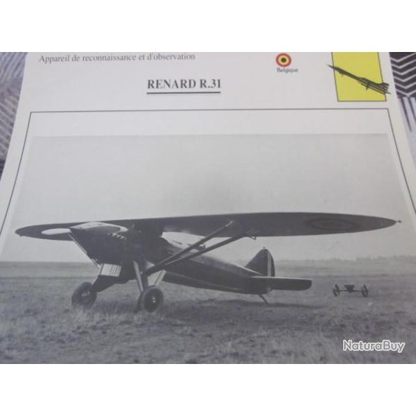 FICHE  AVIATION  TYPE  DE RECONNAISSANCE ET D OBSERVATION   / RENARD R 31  BELGIQUE