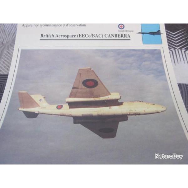 FICHE  AVIATION  TYPE  DE RECONNAISSANCE ET D OBSERVATION  / BRITISH EECo BAC CANBERRA  G BRETAGNE