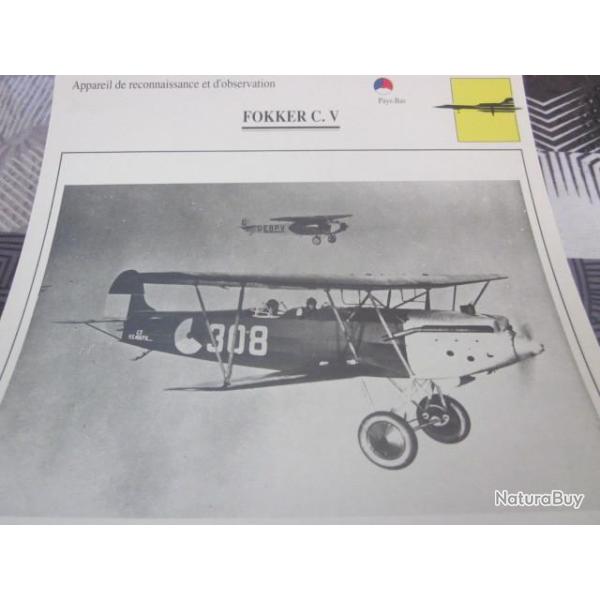 FICHE  AVIATION  TYPE  DE RECONNAISSANCE ET D OBSERVATION  / FOKKER C V  PAYS BAS