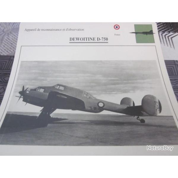 FICHE  AVIATION  TYPE  DE RECONNAISSANCE ET D OBSERVATION  / DEWOITINE D 750  FRANCE