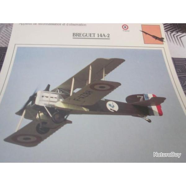 FICHE  AVIATION  TYPE  DE RECONNAISSANCE ET D OBSERVATION  / BREGUET 14A 2   FRANCE