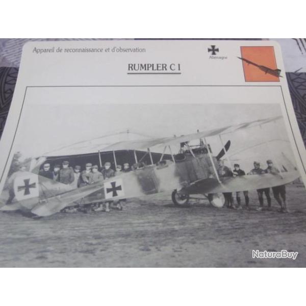 FICHE  AVIATION  TYPE  DE RECONNAISSANCE ET D OBSERVATION  / RUMPLER  C I  ALLEMAGNE