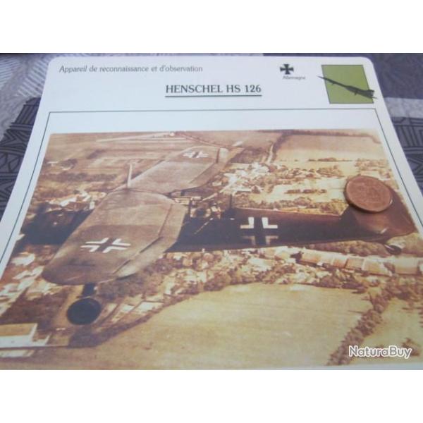 FICHE  AVIATION  TYPE  DE RECONNAISSANCE ET D OBSERVATION  / HENSCHEL HS 126  ALLEMAGNE