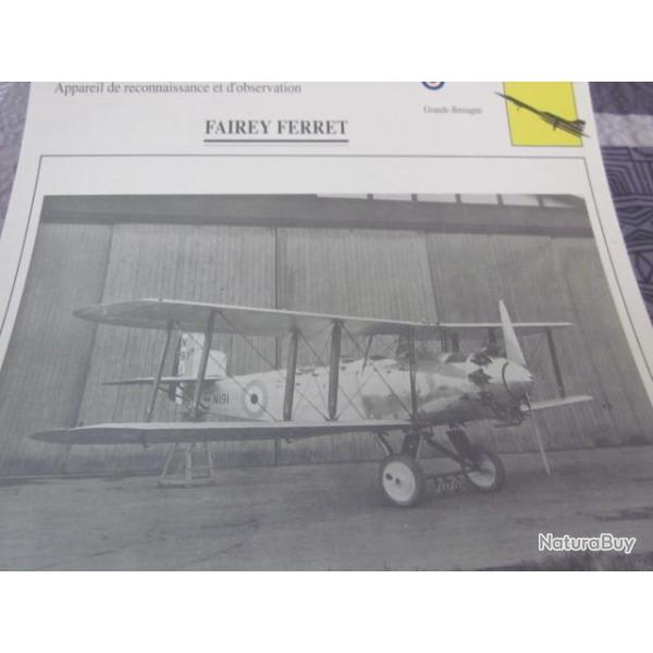 FICHE  AVIATION  TYPE  DE RECONNAISSANCE ET D OBSERVATION  / FAIREY FERRET  G BRETAGNE