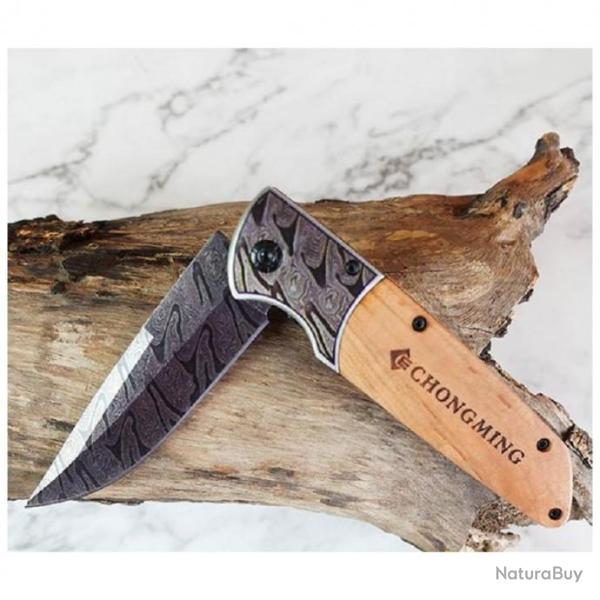 Couteau de Poche CHONGMING Lame Acier 9 cm Style Damas Manche Grav� 12 cm