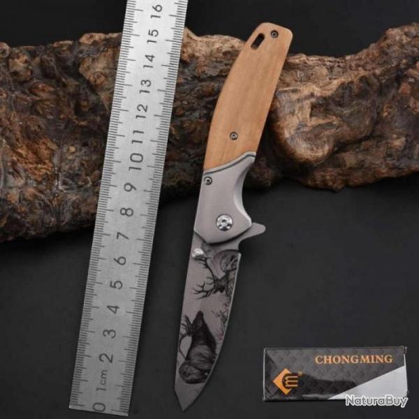 Couteau CHONGMING Lame Acier Color�e 8,5 cm Manche Bois 11,5 cm Outdoor