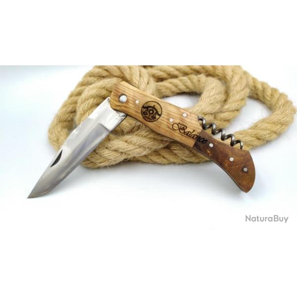 Balance couteau manche en bois d'olivier avec tire bouchon id�e cadeau