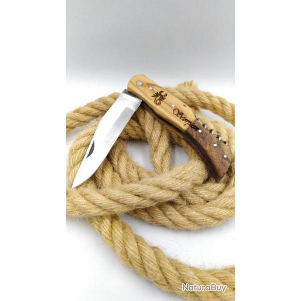 Scorpion couteau manche en bois d'olivier avec tire bouchon id�e cadeau