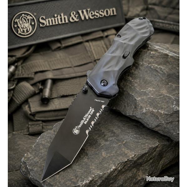 Couteau Smith & Wesson Black Ops Lame Acier 4034 Manche Aluminium Bleu/Noir Linerlock SWBLOP3TBLS