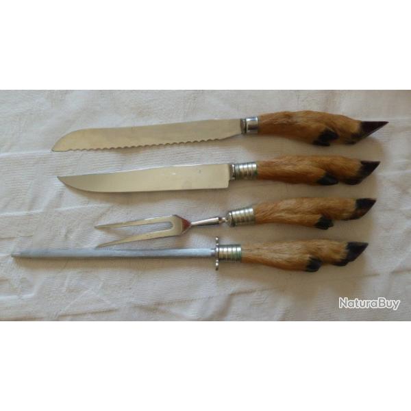 4 ustensiles pattes chevreuil scie a pain / aiguiseur / ensemble fourchette couteau � gigot