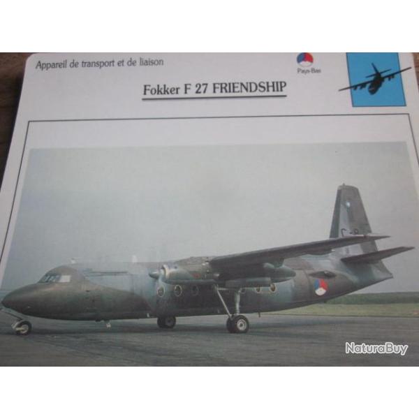 FICHE  AVIATION  TYPE TRANSPORT ET DE LIAISON  /  FOKKER F 27 FRIENDSHIP   PAYS BAS