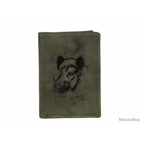 PORTE PERMIS GRAND FORMAT EN CUIR VERT MOTIF SANGLIER