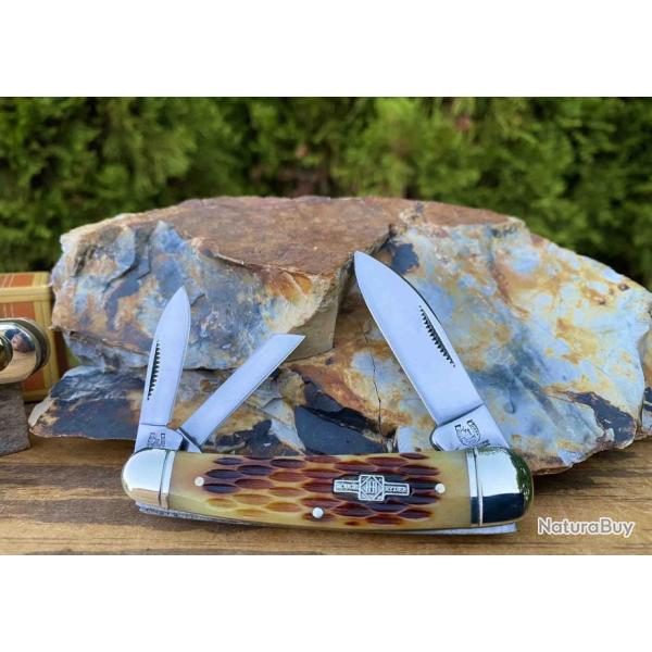 Couteau Rough Rider Whittler Amber Jigged Bone 3 Lames Acier 440 Manche Os RR375
