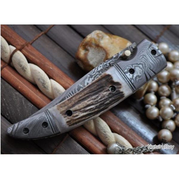 LAME DAMAS - Couteau de poche pliant - Bois de cerf (F.BK)