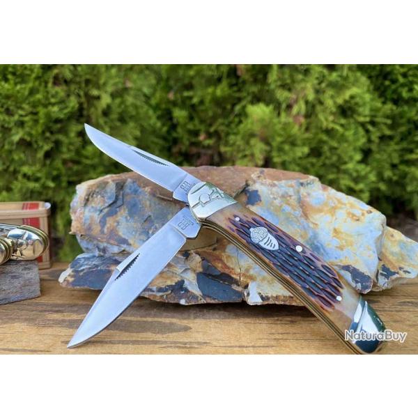 RR2289 Couteau Rough Ryder Copperhead Amber Jigged Bone Lames Acier 440 Manche OS