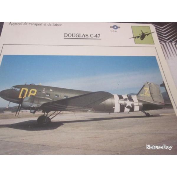 FICHE  AVIATION  TYPE TRANSPORT ET DE LIAISON  /  DOUGLAS  C 47  USA