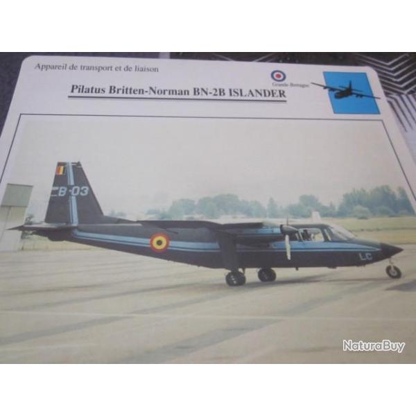FICHE  AVIATION  TYPE TRANSPORT ET DE LIAISON  /  PILATUS BRITTEN NORMAN BN 2B ISLANDER