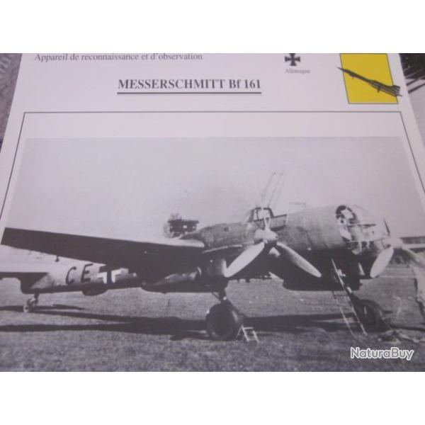 FICHE  AVIATION  TYPE APPAREIL RECONNAISSANCE ET D OBSERVATION /  MESSERSCHMITT  BF 161  ALLEMAGNE