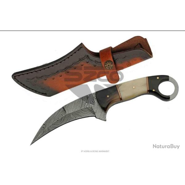 Couteau Karambit Damas Lame 256 Couches Manche Corne & Os Etui Cuir DM1295BO - Z