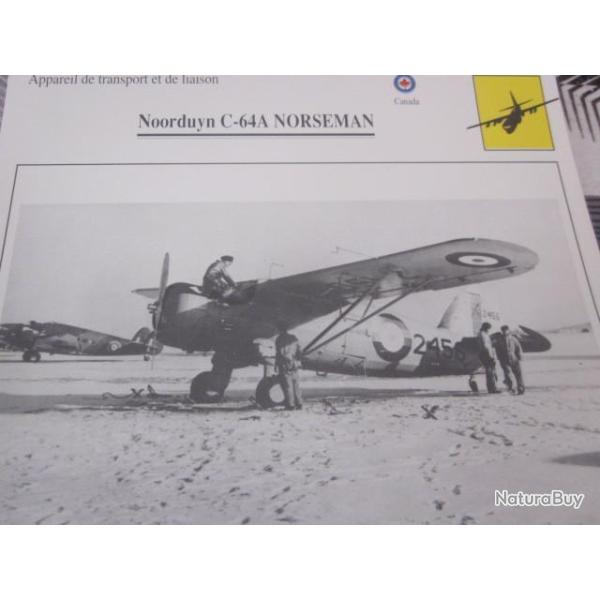 FICHE  AVIATION  TYPE  APPAREIL  DE TRANSPORT LIAISON /  NOORDUYN  C 64A  NORSEMAN   CANADA