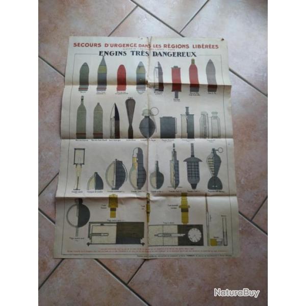 TR�S RARE, AFFICHE SECOURS D'URGENCE DANS LES R�GIONS LIB�R�S, 14/18, ENGINS TR�S DANGEREUX