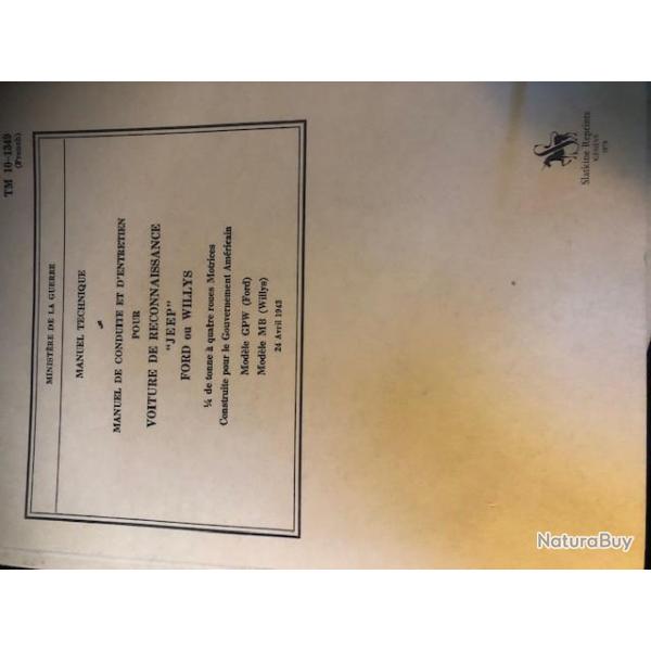 Manuel de conduite et d'entretien pour voiture de reconnaissance "Jeep" Ford ou Willis reprint