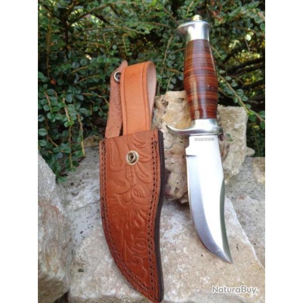 Poignard Couteau Bowie Chasseur D'OURS Alamo Hunter Leather Lame Acier 440 Manche & Etui Cuir RR2109
