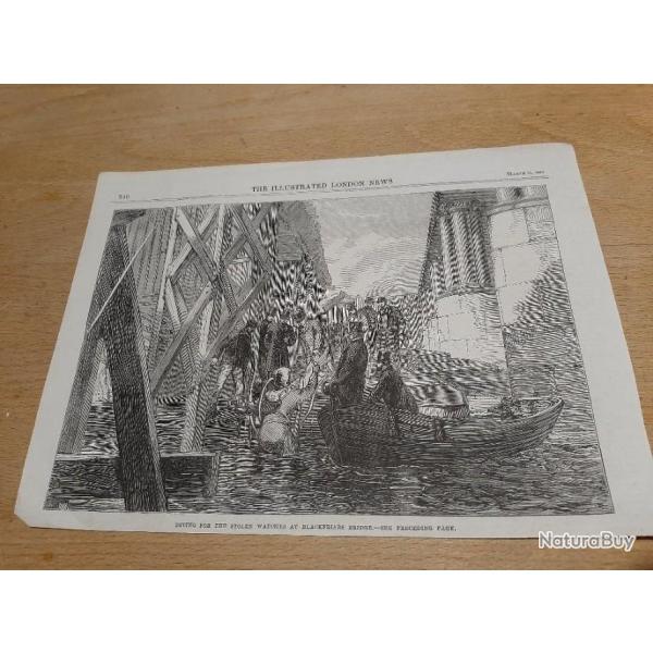 Gravure anglaise ancienne representant un scaphandrier repechant une montre