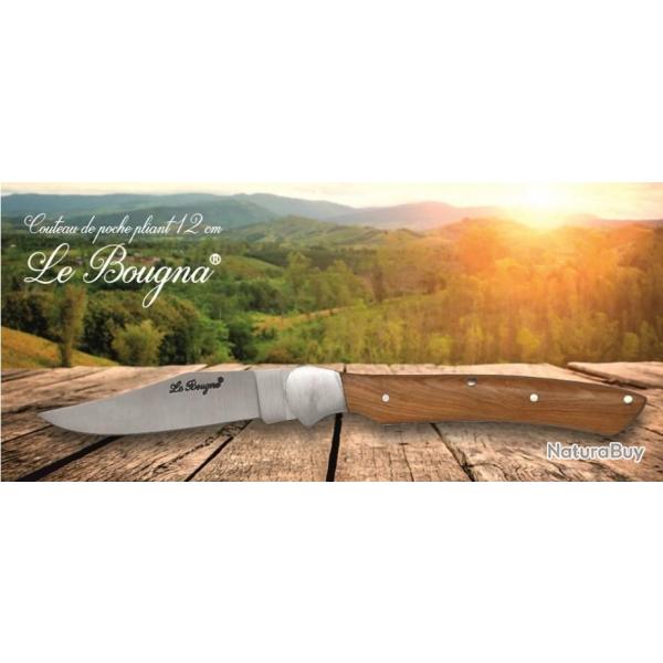 Couteau de poche pliant 12 cm Le BOUGNA - Bois teck - Etui cuir offert.