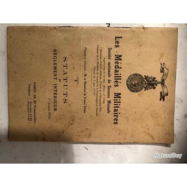Livret Les Mdaills Militaires Statuts et Rglement intrieur er Janv 1930 et18