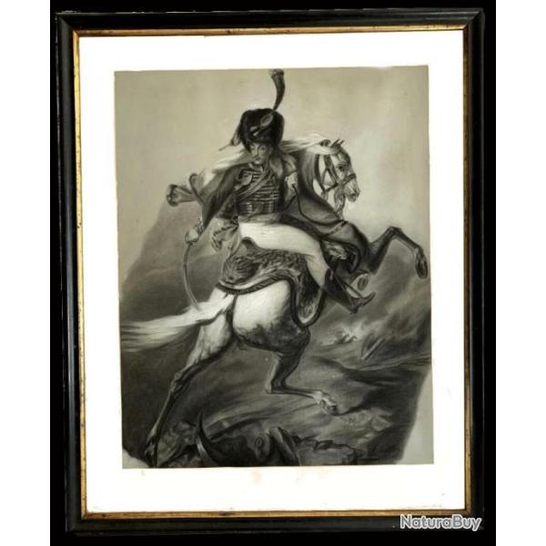 Superbe grand dessin original ancien . Officier de chasseur � cheval de la garde Imperiale, sign�